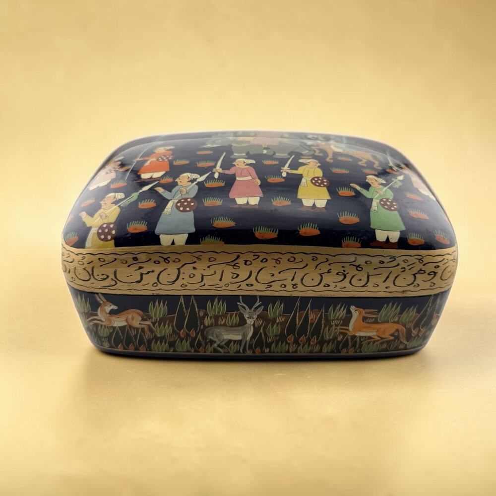 Vintage Kashmir Indian Hand Painted Lacquered Wood Box 8" Long Elephants Antelop